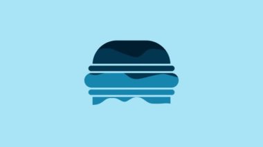Blue Burger icon isolated on blue background. Hamburger icon. Cheeseburger sandwich sign. Fast food menu. 4K Video motion graphic animation .