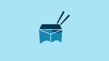 Blue Asian noodles in paper box and chopsticks icon isolated on blue background. Street fast food. Korean, Japanese, Chinese food. 4K Video motion graphic animation .