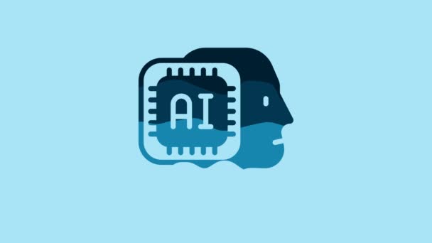 青色の背景に隔離された青いヒューマノイドロボットのアイコン 人工知能 機械学習 クラウドコンピューティング 4Kビデオモーショングラフィックアニメーション — ストック動画
