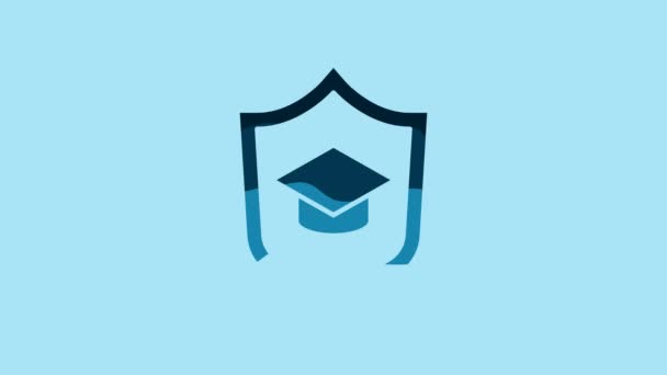 青の背景にシールドアイコンで青の卒業キャップ 保険の概念 セキュリティ 安全性 保護の概念 4Kビデオモーショングラフィックアニメーション — ストック動画