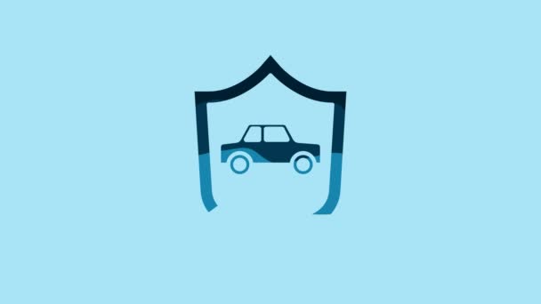蓝色汽车的护盾图标隔离在蓝色背景 保险概念 保护概念 4K视频运动图形动画 — 图库视频影像