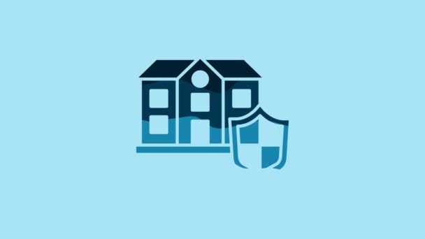ブルーの背景にシールドアイコンを持つブルーハウス 保険の概念 セキュリティ 安全性 保護の概念 4Kビデオモーショングラフィックアニメーション — ストック動画