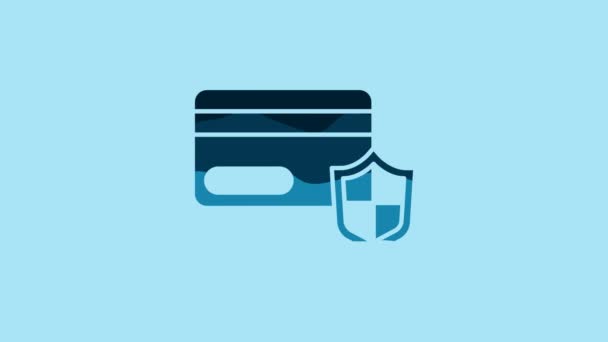 蓝色信用卡与盾图标隔离在蓝色背景 网上支付 提取现金 金融业务 买东西的标志4K视频运动图形动画 — 图库视频影像