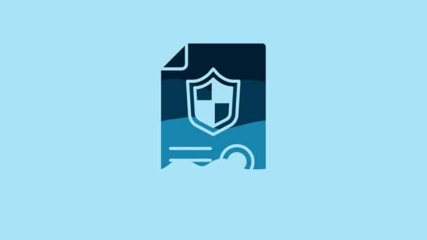 蓝色合同与盾牌图标隔离在蓝色背景 保险概念 保护概念 4K视频运动图形动画 — 图库视频影像