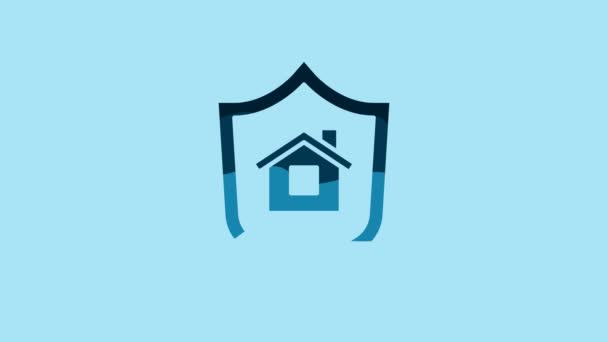 蓝色房子的盾牌图标隔离在蓝色背景 保险概念 保护概念 4K视频运动图形动画 — 图库视频影像
