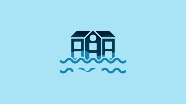 Ікона Блакитного Дому Ізольована Синьому Тлі Дім Затоплюється Під Водою — стокове відео