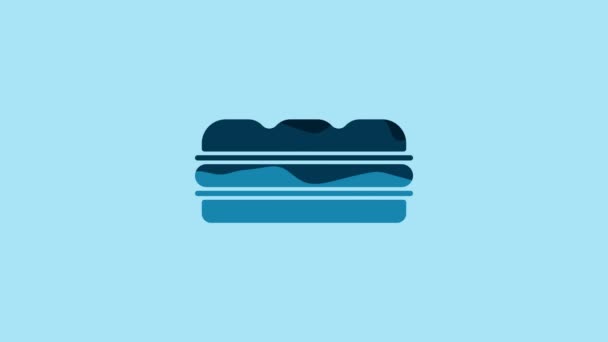 青の背景に隔離された青のサンドイッチアイコン ハンバーガーのアイコン バーガーフードのシンボル チーズバーガーの看板 ストリートファーストフードメニュー 4Kビデオモーショングラフィックアニメーション — ストック動画