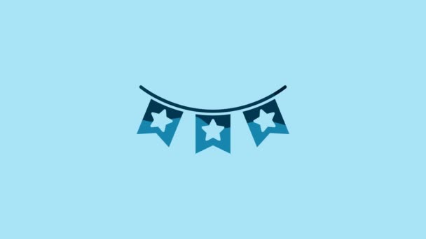青の背景にアイコンが隔離された青のカーニバルガーランド 誕生日のお祝い 祭りの装飾のためのパーティーペナント 4Kビデオモーショングラフィックアニメーション — ストック動画