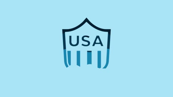青い背景に星と縞模様のアイコンが隔離されたブルーシールド アメリカ合衆国国旗 7月4日 アメリカ独立記念日 4Kビデオモーショングラフィックアニメーション — ストック動画