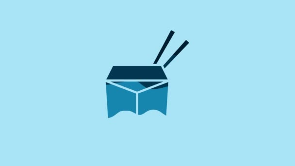 青アジア麺の紙箱と箸のアイコンが青の背景に隔離されています ストリートファーストフード 韓国語 日本語 中華料理 4Kビデオモーショングラフィックアニメーション — ストック動画
