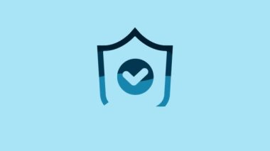 Blue Shield with check mark icon isolated on blue background. Protection symbol. Security check Icon. Tick mark approved icon. 4K Video motion graphic animation .