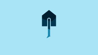 Blue Shovel icon isolated on blue background. Gardening tool. Tool for horticulture, agriculture, farming. 4K Video motion graphic animation .
