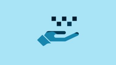 Blue Hand with taxi icon isolated on blue background. Location symbol. 4K Video motion graphic animation .