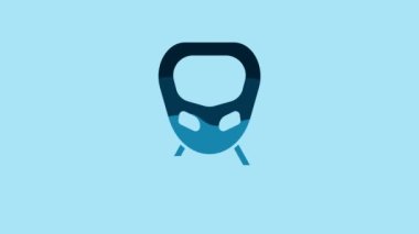 Blue High-speed train icon isolated on blue background. Railroad travel and railway tourism. Subway or metro streamlined fast train transport. 4K Video motion graphic animation .