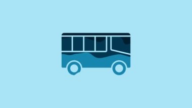 Blue Bus icon isolated on blue background. Transportation concept. Bus tour transport sign. Tourism or public vehicle symbol. 4K Video motion graphic animation .