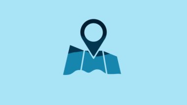Blue Folded map with location marker icon isolated on blue background. 4K Video motion graphic animation .