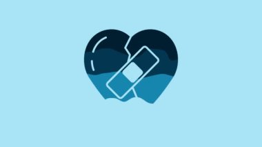 Blue Healed broken heart or divorce icon isolated on blue background. Shattered and patched heart. Love symbol. Valentines day. 4K Video motion graphic animation .