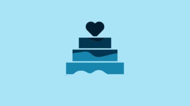 Blue Wedding cake with heart icon isolated on blue background. 4K Video motion graphic animation .