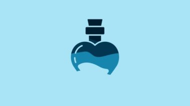 Blue Bottle with love potion icon isolated on blue background. Valentines day symbol. 4K Video motion graphic animation .