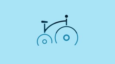 Blue Vintage bicycle with one big wheel and one small icon isolated on blue background. Bike public transportation sign. 4K Video motion graphic animation .