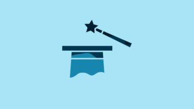 Blue Magic hat and wand icon isolated on blue background. Magic trick. Mystery entertainment concept. 4K Video motion graphic animation .
