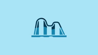 Blue Roller coaster icon isolated on blue background. Amusement park. Childrens entertainment playground, recreation park. 4K Video motion graphic animation .