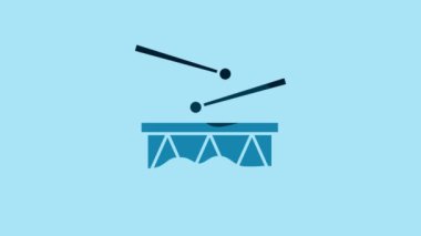 Blue Drum with drum sticks icon isolated on blue background. Music sign. Musical instrument symbol. 4K Video motion graphic animation .
