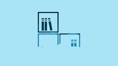 Blue Shelf with books icon isolated on blue background. Shelves sign. 4K Video motion graphic animation .