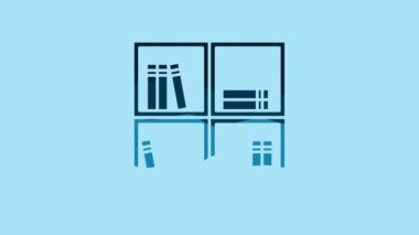 Blue Shelf with books icon isolated on blue background. Shelves sign. 4K Video motion graphic animation .