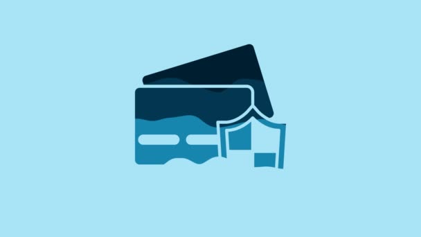青の背景にシールドアイコンが分離されたブルークレジットカード オンライン決済 現金引き出し 金融業務 買い物のサインだ 4Kビデオモーショングラフィックアニメーション — ストック動画
