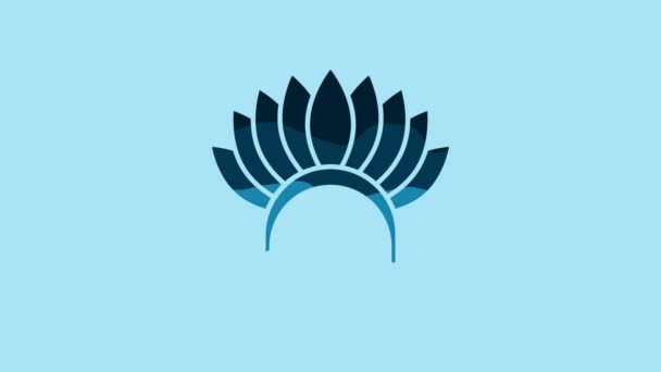 蓝色印度头饰 羽毛图标孤立在蓝色背景 美洲原住民传统的头饰 4K视频运动图形动画 — 图库视频影像