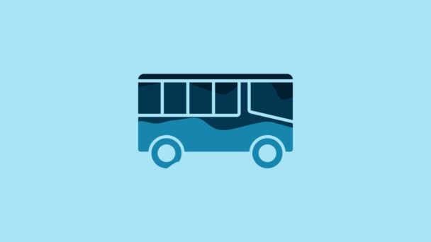 蓝色巴士图标隔离在蓝色背景 运输概念 巴士旅游交通标志 旅游或公共交通工具的标志 4K视频运动图形动画 — 图库视频影像