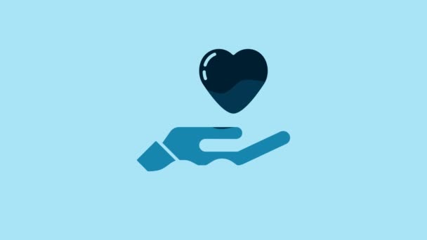 Blått Hjerte Håndikon Isolert Blå Bakgrunn Hånd Gir Kjærlighetssymbol Valentinsdag – stockvideo