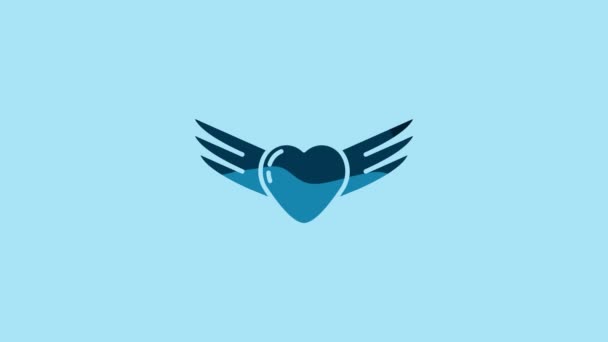蓝心与翅膀图标隔离在蓝色背景 爱情的象征情人节 4K视频运动图形动画 — 图库视频影像