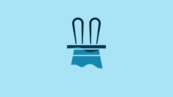 Синій Чарівник Капелюх Вуха Кролика Ізольовані Синьому Фоні Чарівний Трюк — стокове відео