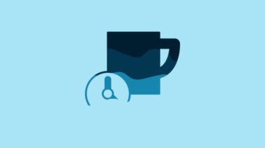 Blue Time management icon isolated on blue background. Clock and coffee cup sign. Productivity symbol. 4K Video motion graphic animation .
