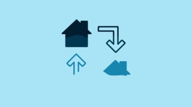 Blue Online working icon isolated on blue background. Freelancer man working on laptop at his house. Remote work. Distant job concept. 4K Video motion graphic animation .