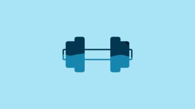 Blue Dumbbell icon isolated on blue background. Muscle lifting icon, fitness barbell, gym, sports equipment, exercise bumbbell. 4K Video motion graphic animation .