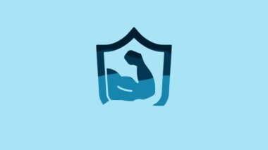 Blue Bodybuilder showing his muscles icon isolated on blue background. Fit fitness strength health hobby concept. 4K Video motion graphic animation .