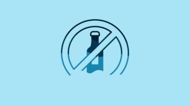 Blue No alcohol icon isolated on blue background. Prohibiting alcohol beverages. Forbidden symbol with beer bottle glass. 4K Video motion graphic animation .