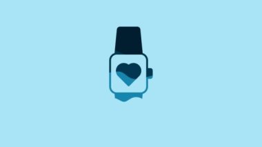 Blue Smart watch showing heart beat rate icon isolated on blue background. Fitness App concept. 4K Video motion graphic animation .