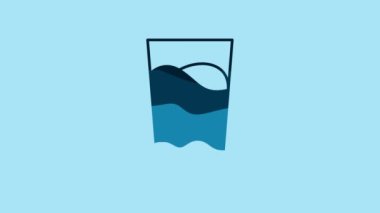 Blue Glass with water icon isolated on blue background. Soda glass. 4K Video motion graphic animation .