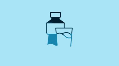 Blue Bottle of water with glass icon isolated on blue background. Soda aqua drink sign. 4K Video motion graphic animation .