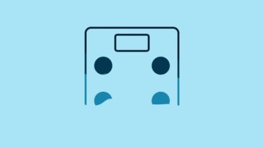 Blue Bathroom scales icon isolated on blue background. Weight measure Equipment. Weight Scale fitness sport concept. 4K Video motion graphic animation .