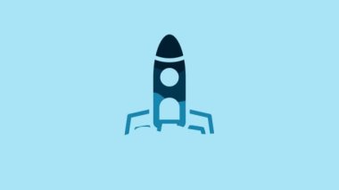 Blue Rocket ship icon isolated on blue background. Space travel. 4K Video motion graphic animation .