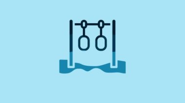 Blue Gymnastic rings icon isolated on blue background. Playground equipment with hanging rope with rings. 4K Video motion graphic animation .