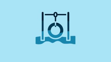 Blue Car tire hanging on rope icon isolated on blue background. Playground equipment with hanging rope with tire. 4K Video motion graphic animation .