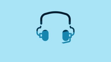 Blue Headphones icon isolated on blue background. Earphones. Concept for listening to music, service, communication and operator. 4K Video motion graphic animation .