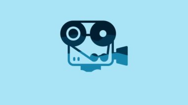 Blue Retro cinema camera icon isolated on blue background. Video camera. Movie sign. Film projector. 4K Video motion graphic animation .