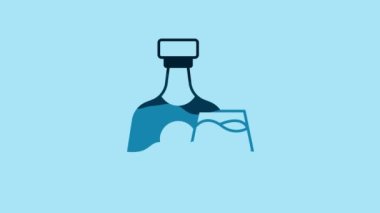 Blue Whiskey bottle and glass icon isolated on blue background. 4K Video motion graphic animation .
